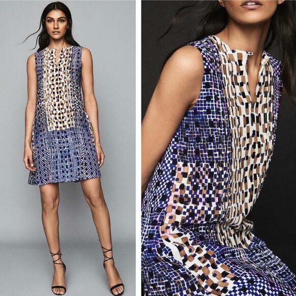 Reiss Dresses & Skirts - Reiss Saskia Sleeveless Shift Dress Size 2 Blue Abstract Tile